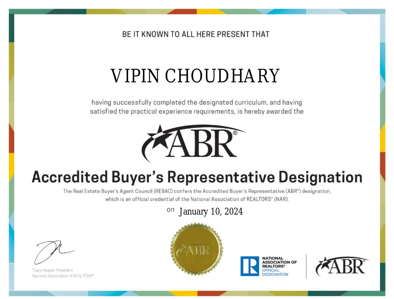 Accredited Buyer's Representative certificate