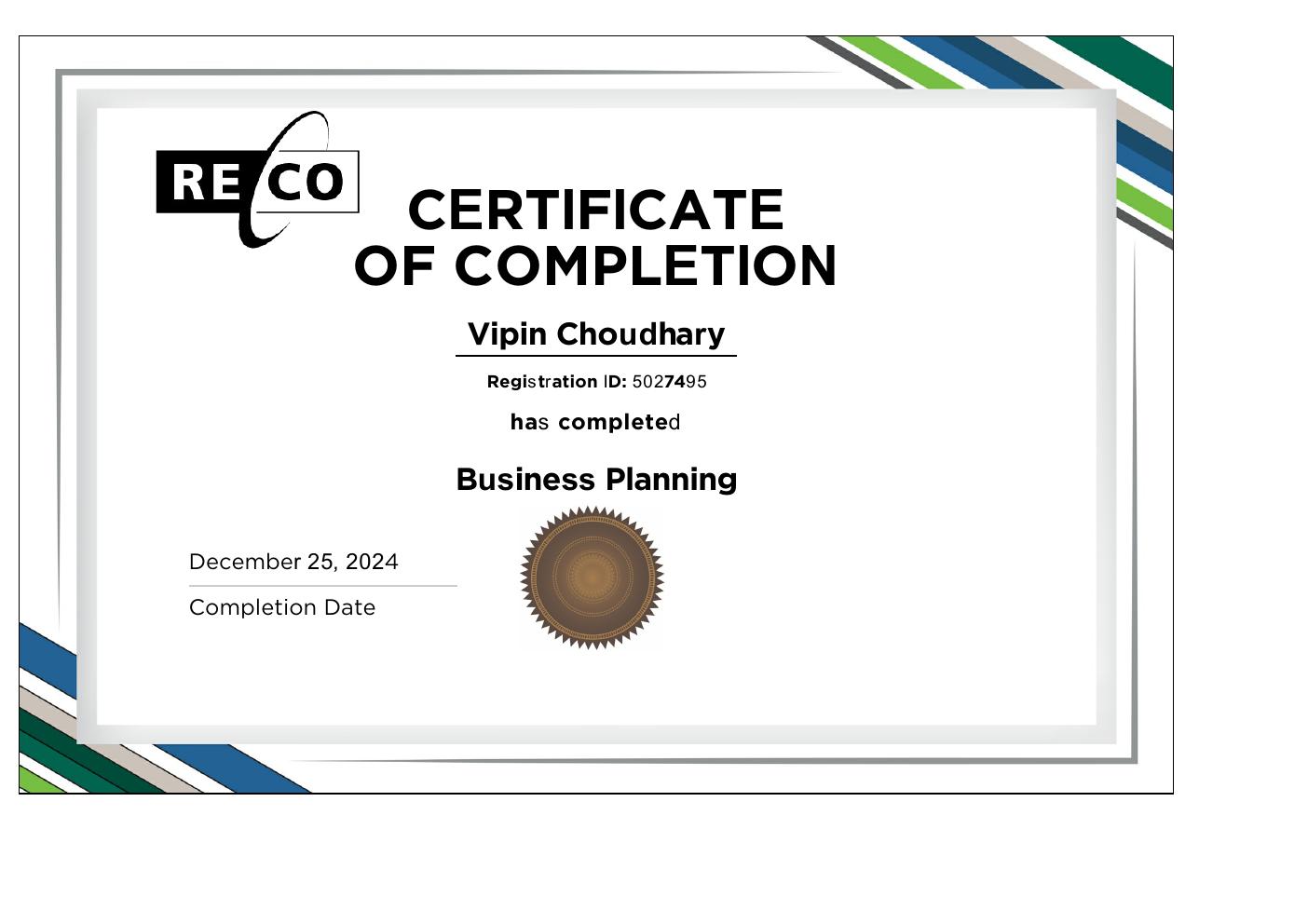 Real Estate Business Planning certificate
