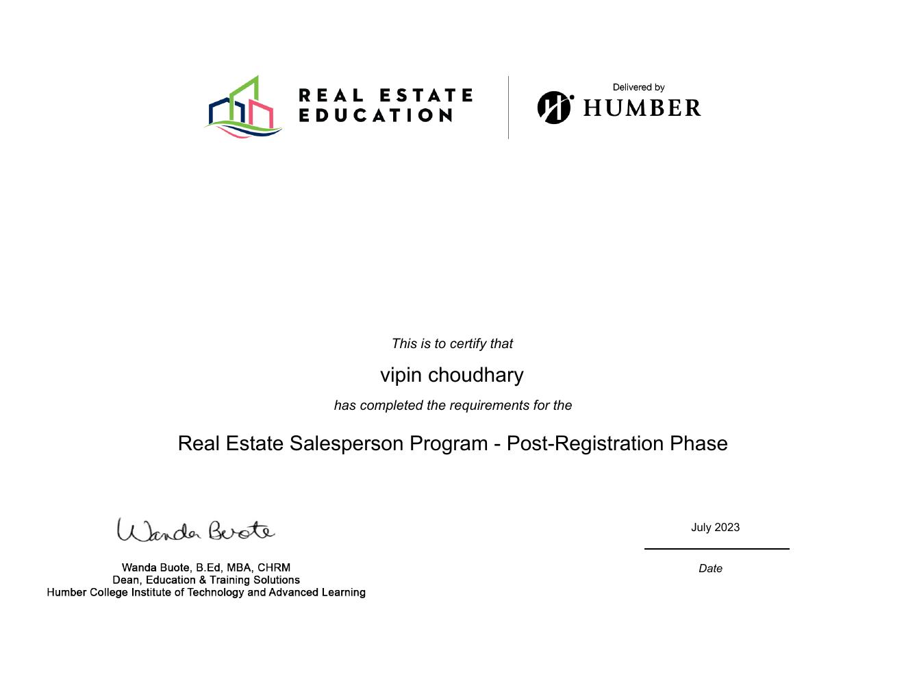 Real Estate Salesperson Program certificate