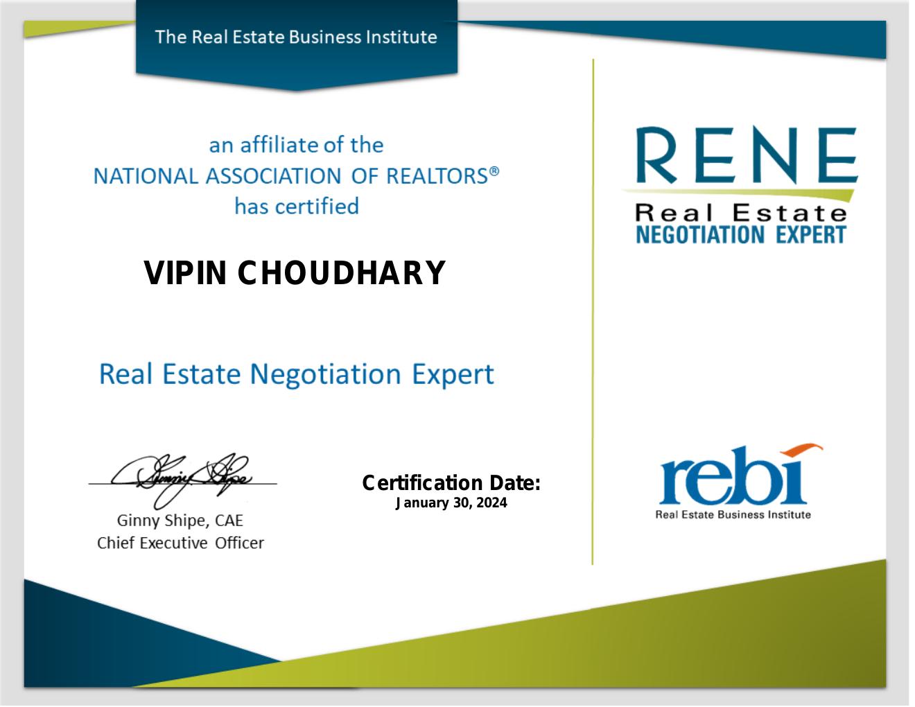 Real Estate Negotiation Expert certificate