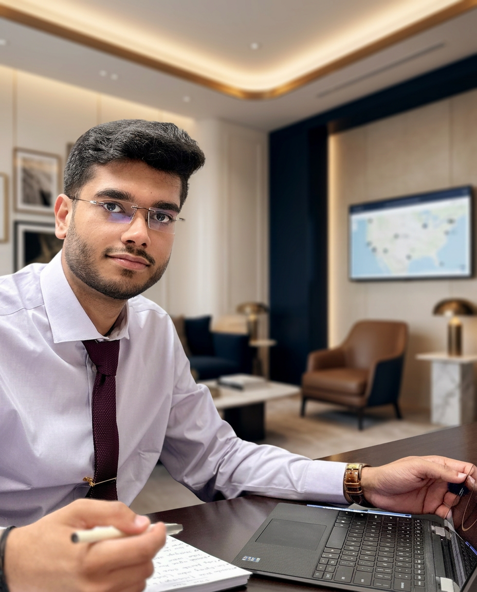 Vipin Choudhary at his desk in a private real estate consultation suite